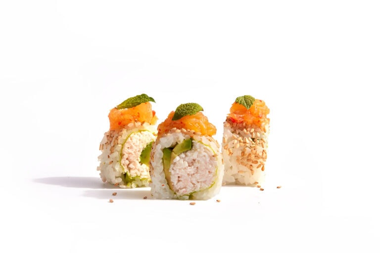 Aquamar's Tropic Shred Roll created with Naoya Tsuruta, sushi Chef at Japanese restaurant, Koi, in Los Angeles, CA